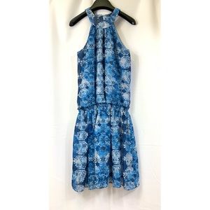 GUESS Halter Blouson Blue Watercolor Print Dress